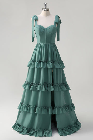 Eukalyptus A-linje butterfly stropper korset flæser chiffon lang brudepige kjole med slids